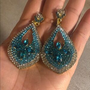 Sparkling Teal and Gold Teardrop Earrings